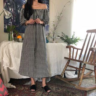 Plaid Off-shoulder Midi Dress