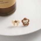 Asymmetrical Bow Stud Earring 1 Pair - S925 Silver - White & Khaki - One Size