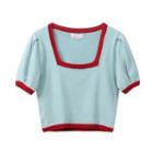 Short-sleeve Contrast Trim Knit Top Blue & Red - One Size