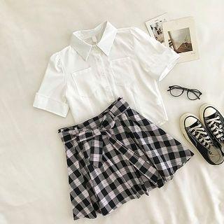 Set:plain Single-breasted Short-sleeve Blouse + Plaid High-waist A-line Skirt White - One Size