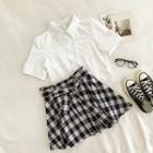 Set:plain Single-breasted Short-sleeve Blouse + Plaid High-waist A-line Skirt White - One Size