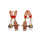 Creative Cute Plated Gold Enamel Rabbit Biscuit Man Earrings With Cubic Zirconia Golden - One Size