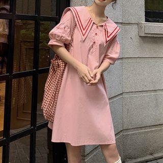 Elbow-sleeve Striped Trim Mini Dress