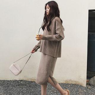 Set: High Neck Sleeveless Dress + V-neck Loose Sweater