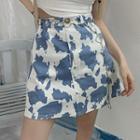Cow Print Denim Mini A-line Skirt