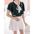 Tie-neck Flutter-sleeve Stripe / Black Blouse
