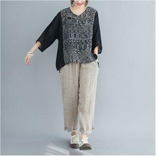 Printed 3/4-sleeve Blouse Black - One Size