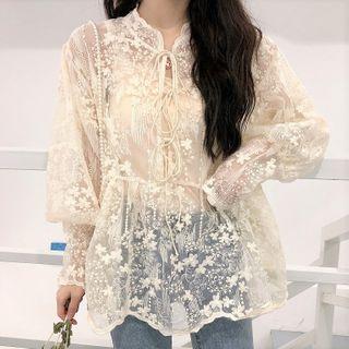 Set: Long-sleeve Lace Top + Camisole Top Set - Top - Almond - One Size / Camisole Top - Almond - One Size