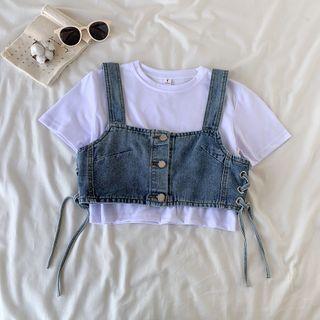 Plain Short-sleeve T-shirt / Denim Lace-up Cropped Camisole Top