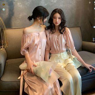 Faux Pearl Off-shoulder Blouse / Tie-waist Elbow-sleeve Midi A-line Dress