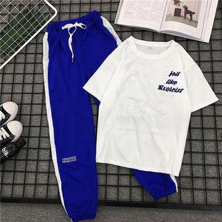 Set: Printed Short-sleeve T-shirt + Drawstring Striped Sweatpants