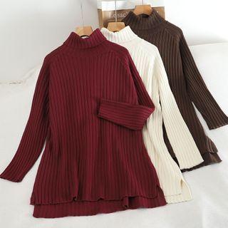 Long-sleeve Mock-neck Ribbed Knit Dress