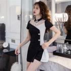 Set: Short-sleeve Two-tone Mini Qipao Dress + Shorts