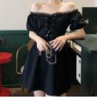 Lace-up Off-shoulder Short-sleeve Mini A-line Dress Black - One Size