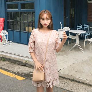 Sheer-sleeve Lace Overlay Dress