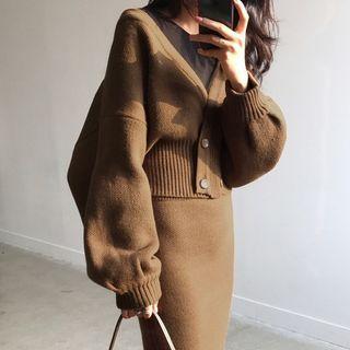 Set : Double-breasted Sweater Jacket + High-waist Midi Skirt