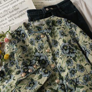 Rose-print Slim-fit Crop Blouse Green - One Size