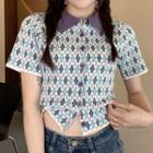 Short-sleeve Collar Argyle Button-up T-shirt