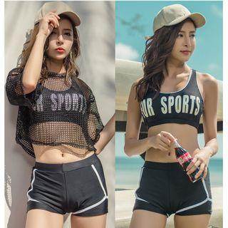 Set Of 3: Mesh Cover-up + Lettering Tankni Top + Swim Shorts