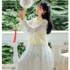 Flower Embroidered Long-sleeve Hanfu Top / Mesh Midi A-line Skirt / Set