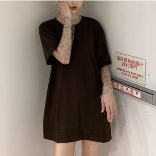 Print Long-sleeve Mesh Top / Plain Loose-fit Elbow-sleeve T-shirt