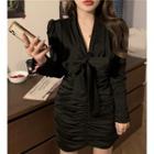Long-sleeve Bow-front Ruched Mini Bodycon Dress