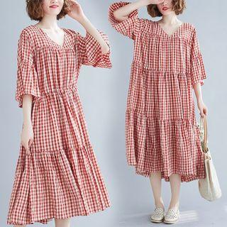 Plaid V-neck Bell-sleeve Dress Red - F