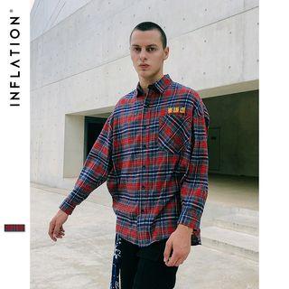 Loose-fit Chinese-letteing Plaid Shirt