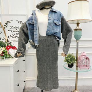 Set: Knit Panel Denim Jacket + Midi Knit Skirt