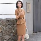 Mock Two-piece Short-sleeve V-neck Sheath Dress