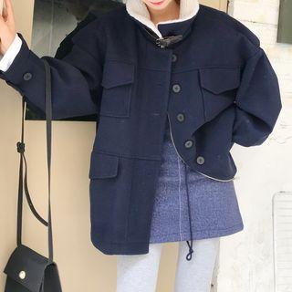 Belted Collar Fleece-lined Coat Navy Blue - One Size