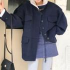 Belted Collar Fleece-lined Coat Navy Blue - One Size