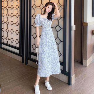 Plain Blazer / Floral Puff-sleeve Dress
