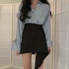Bell-sleeve Blouse / Asymmetric Mini A-line Skirt
