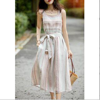 Sleeveless Color Block Striped Midi A-line Dress