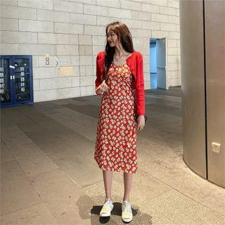 Set : Strap Floral Dress + Long-sleeved Knit Coat