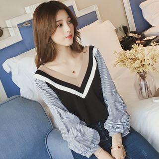 Long-sleeve Striped Paneled Blouse