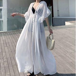 Short-sleeve Ruffled Midi Sundress White - One Size