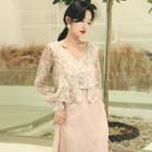 Floral Long-sleeve Cropped Blouse / Lace Midi A-line Skirt