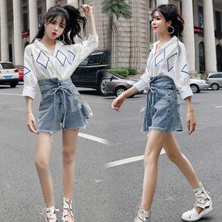 Argyle 3/4-sleeve Shirt / High-waist Fray Hem Denim Shorts