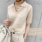 Linen Blend Sheer Polo Shirt Light Beige - One Size
