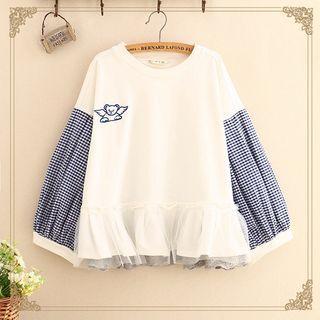 Long-sleeve Plaid Panel Embroidered Top