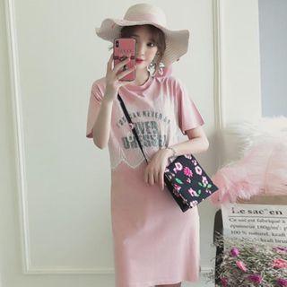 Set: Lettering Lace Panel Short-sleeve T-shirt Dress + Mesh Midi A-line Skirt