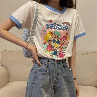 Short-sleeve Cartoon Print T-shirt Cartoon - White - One Size