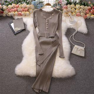 V-neck Knit Tie-waist Midi Bodycon Dress
