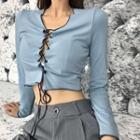 Color-block Lace-up Long-sleeve Short-sleeve Cropped Top As Figure - One Size