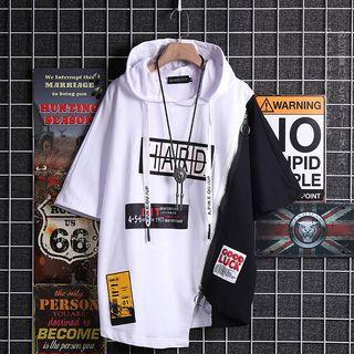 Elbow-sleeve Color Block Zip Hooded T-shirt