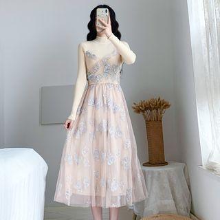 Long-sleeve Mock Two-piece Sequined Midi A-line Dress