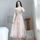 Long-sleeve Mock Two-piece Sequined Midi A-line Dress