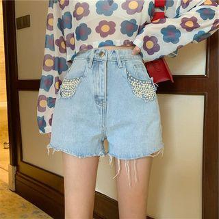 Long-sleeve Floral Printed T-shirt / Faux Pearl Frayed Denim Shorts